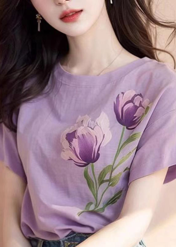 Women Purple O Neck Print Cotton T Shirt Short Sleeve