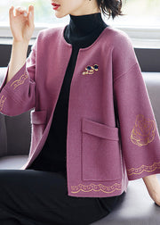 Women Purple O Neck Print Pockets Patchwork Wool Cardigan Fall