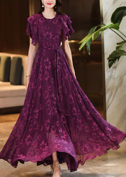 Women Purple O-Neck Print Ruffled Wrinkled Chiffon Maxi Dress Short Sleeve