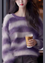 Women Purple O Neck Striped Cozy Knit Sweater Spring