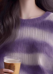 Women Purple O Neck Striped Cozy Knit Sweater Spring