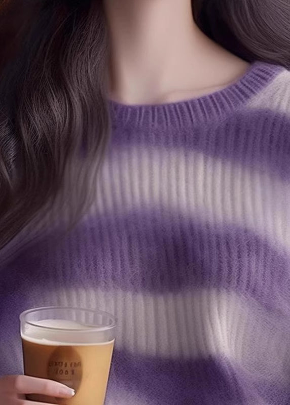 Women Purple O Neck Striped Cozy Knit Sweater Spring