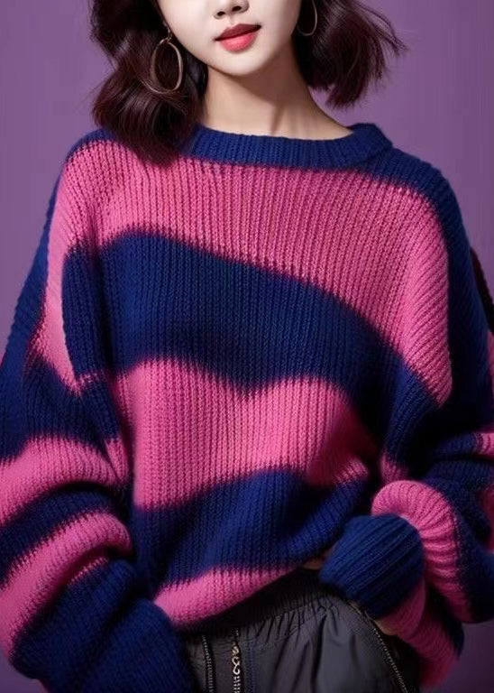 Women Purple O Neck Thick Patchwork Knit Sweater Winter