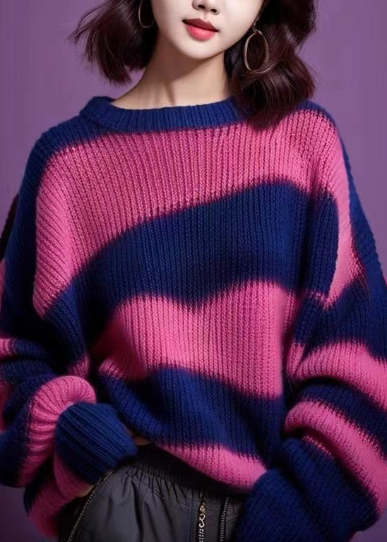 Women Purple O Neck Thick Patchwork Knit Sweater Winter