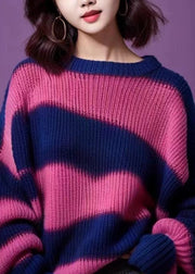 Women Purple O Neck Thick Patchwork Knit Sweater Spring