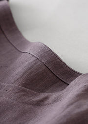 Women Purple O Neck Tie Waist Pockets Linen Long Dress Summer