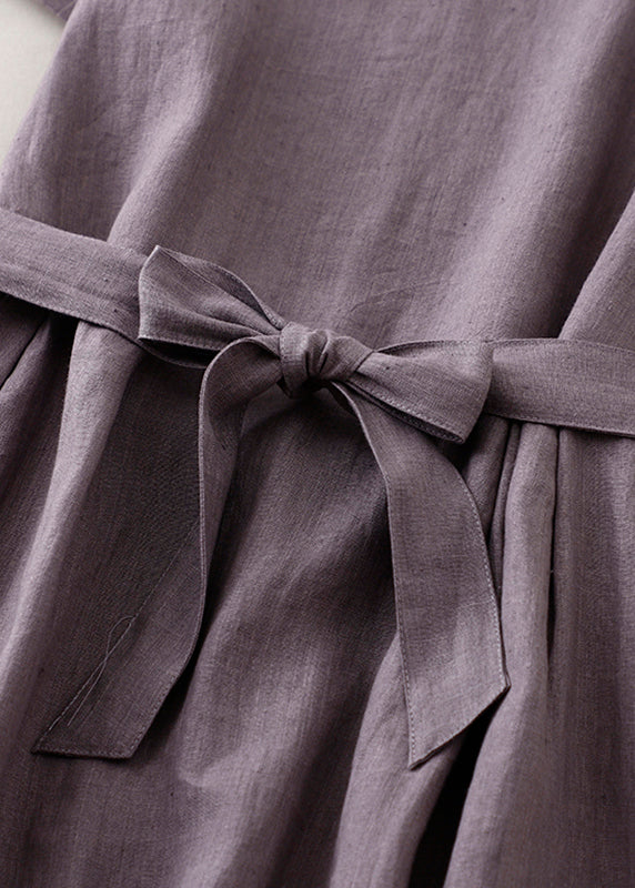 Women Purple O Neck Tie Waist Pockets Linen Long Dress Summer
