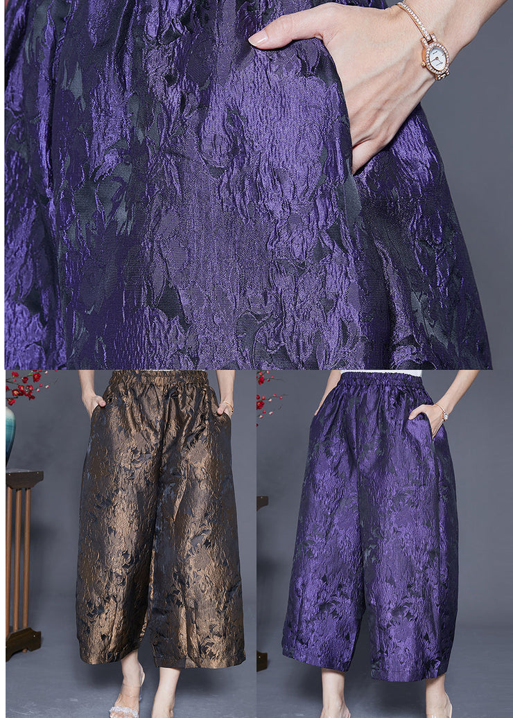 Women Purple Oversized Jacquard Silk Wide Leg Pants Summer