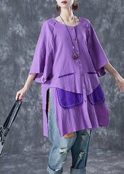 Women Purple Oversized Patchwork Cotton Shirt Summer