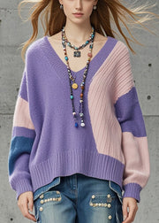 Women Purple Oversized Patchwork Knit Sweaters Fall