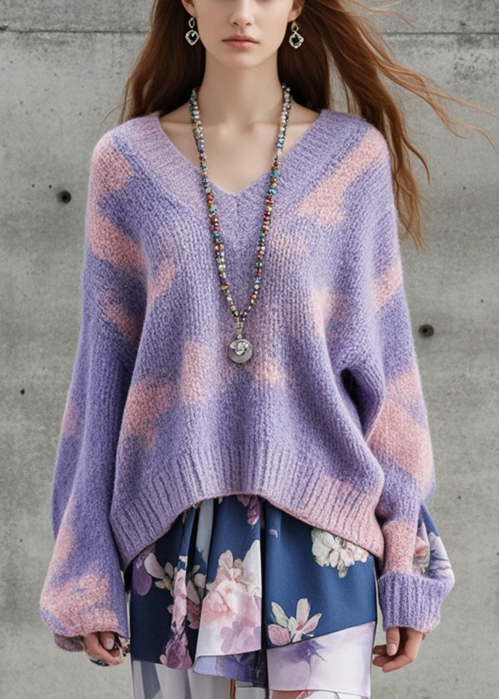 Women Purple Oversized Tie Dye Thick Knit Sweater Fall