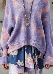 Women Purple Oversized Tie Dye Thick Knit Sweater Fall