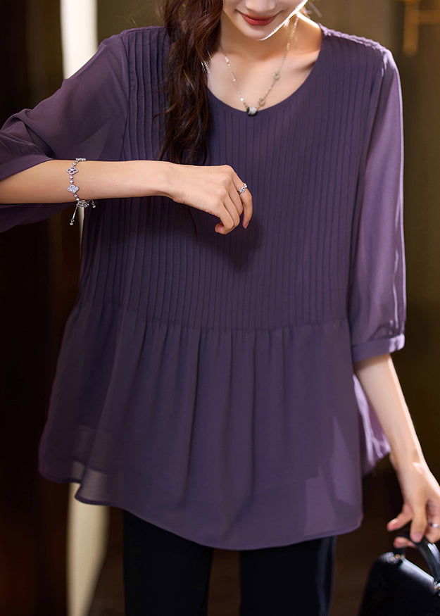 Women Purple Patchwork Wrinkled Chiffon Shirt Bracelet Sleeve