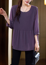 Women Purple Patchwork Wrinkled Chiffon Shirt Bracelet Sleeve