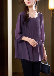 Women Purple Patchwork Wrinkled Chiffon Shirt Bracelet Sleeve