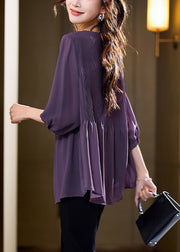 Women Purple Patchwork Wrinkled Chiffon Shirt Bracelet Sleeve