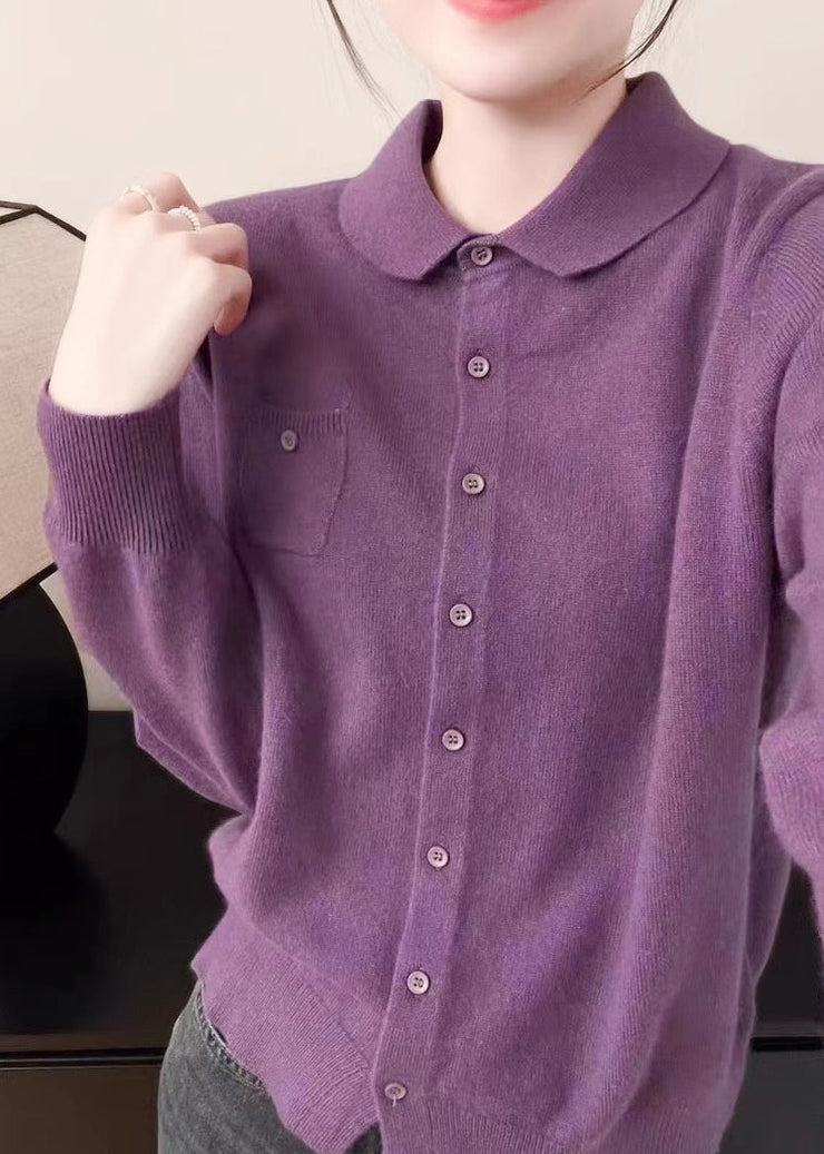 Women Purple Peter Pan Collar Button Knit Sweater Fall