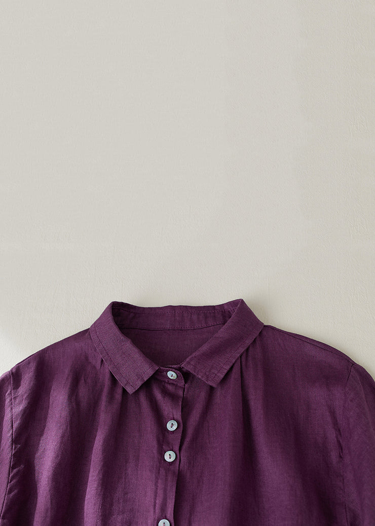 Women Purple Peter Pan Collar Button Linen Blouse Summer