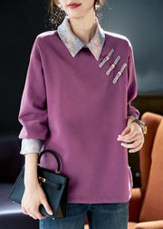 Women Purple Peter Pan Collar Patchwork Cotton Sweatshirts Spring