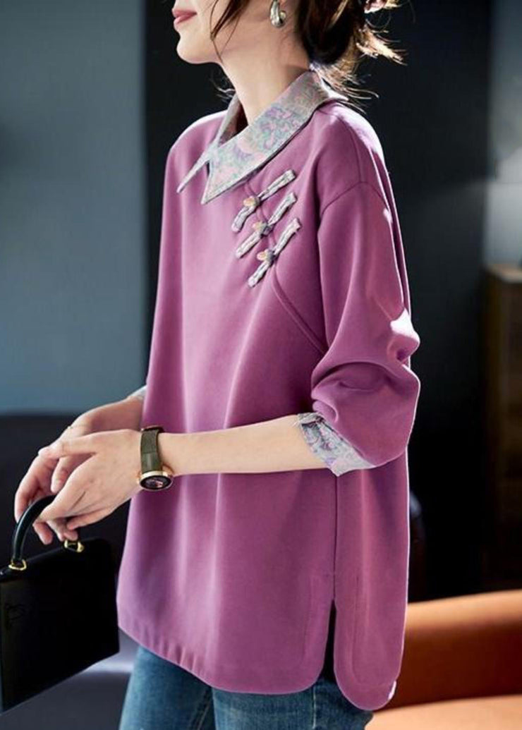 Women Purple Peter Pan Collar Patchwork Cotton Sweatshirts Spring