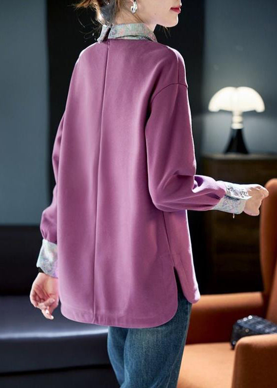 Women Purple Peter Pan Collar Patchwork Cotton Sweatshirts Spring