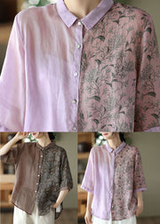 Women Purple Peter Pan Collar Print Button Patchwork Linen Tops Summer