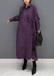 Women Purple Peter Pan Collar Ruffled Cotton Long Dress Spring