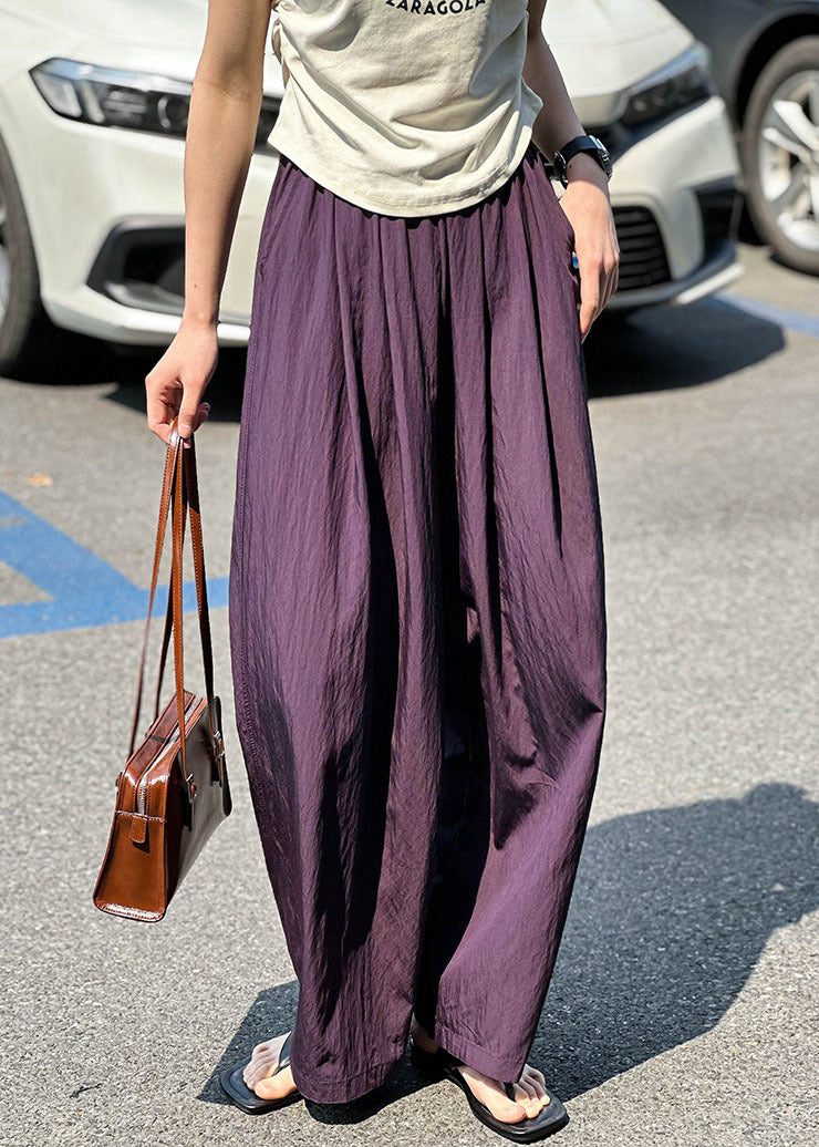 Women Purple Pockets Elastic Waist Cotton Pants Summer