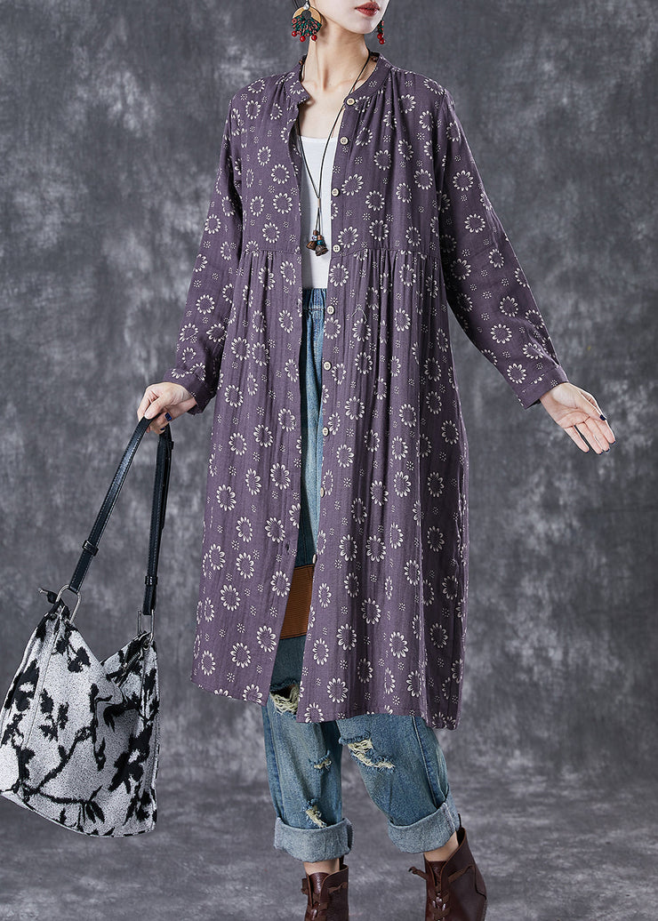 Women Purple Print Button Down Cotton Dresses Fall