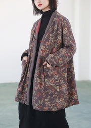 Women Purple Print Chinese Button Fine Cotton Filled Coats Winter