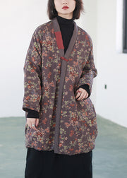 Women Purple Print Chinese Button Fine Cotton Filled Coats Winter