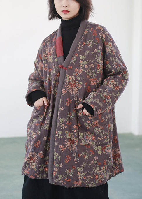 Women Purple Print Chinese Button Fine Cotton Filled Coats Winter