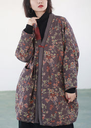 Women Purple Print Chinese Button Fine Cotton Filled Coats Winter