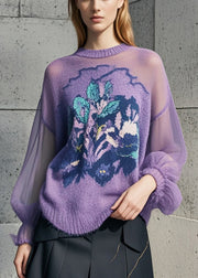 Women Purple Print Hollow Out Knit Pullover Fall