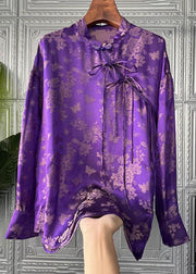 Women Purple Print Lace Up Patchwork Silk Shirts Long Sleeve