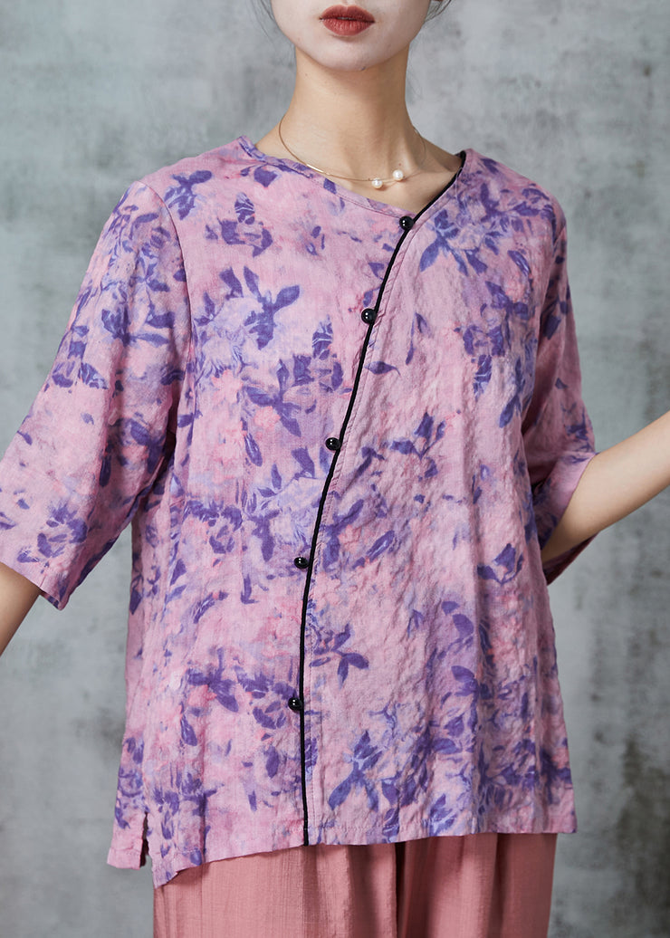 Women Purple Print Patchwork Linen Shirt Tops Half Sleeve