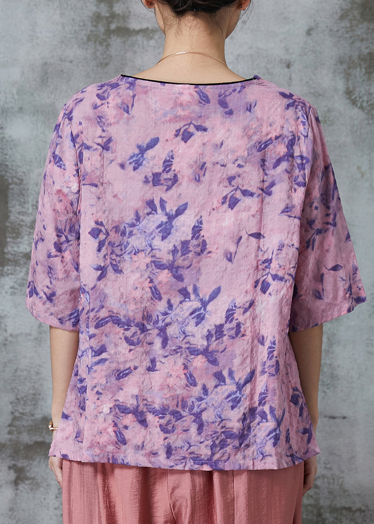 Women Purple Print Patchwork Linen Shirt Tops Half Sleeve