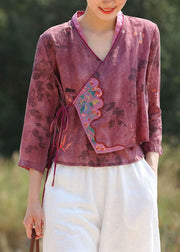 Women Purple Red Embroidered tie waist V Neck Patchwork Linen Tops Spring