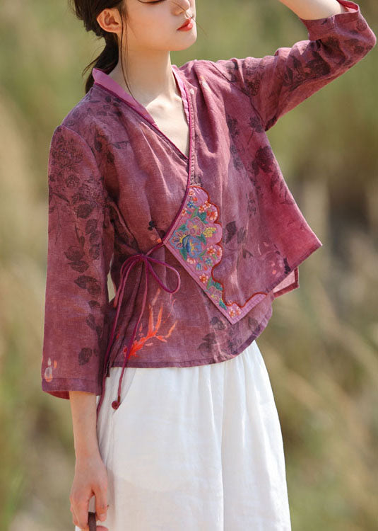 Women Purple Red Embroidered tie waist V Neck Patchwork Linen Tops Spring