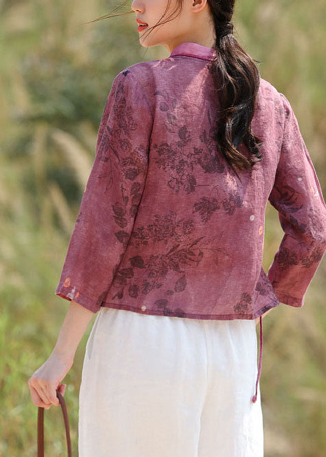 Women Purple Red Embroidered tie waist V Neck Patchwork Linen Tops Spring