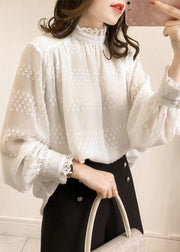 Women Purple Ruffled Button Chiffon Top Long Sleeve