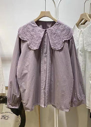 Women Purple Ruffled Hollow Out Cotton Blouse Tops Spring