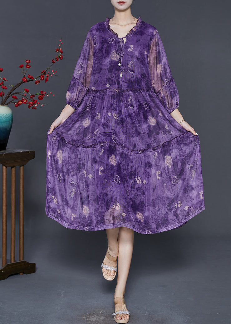 Women Purple Ruffled Print Chiffon Maxi Dress Summer