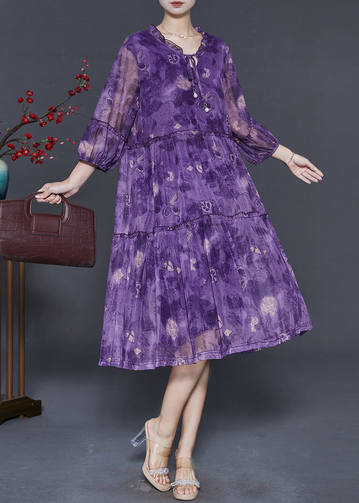 Women Purple Ruffled Print Chiffon Maxi Dress Summer