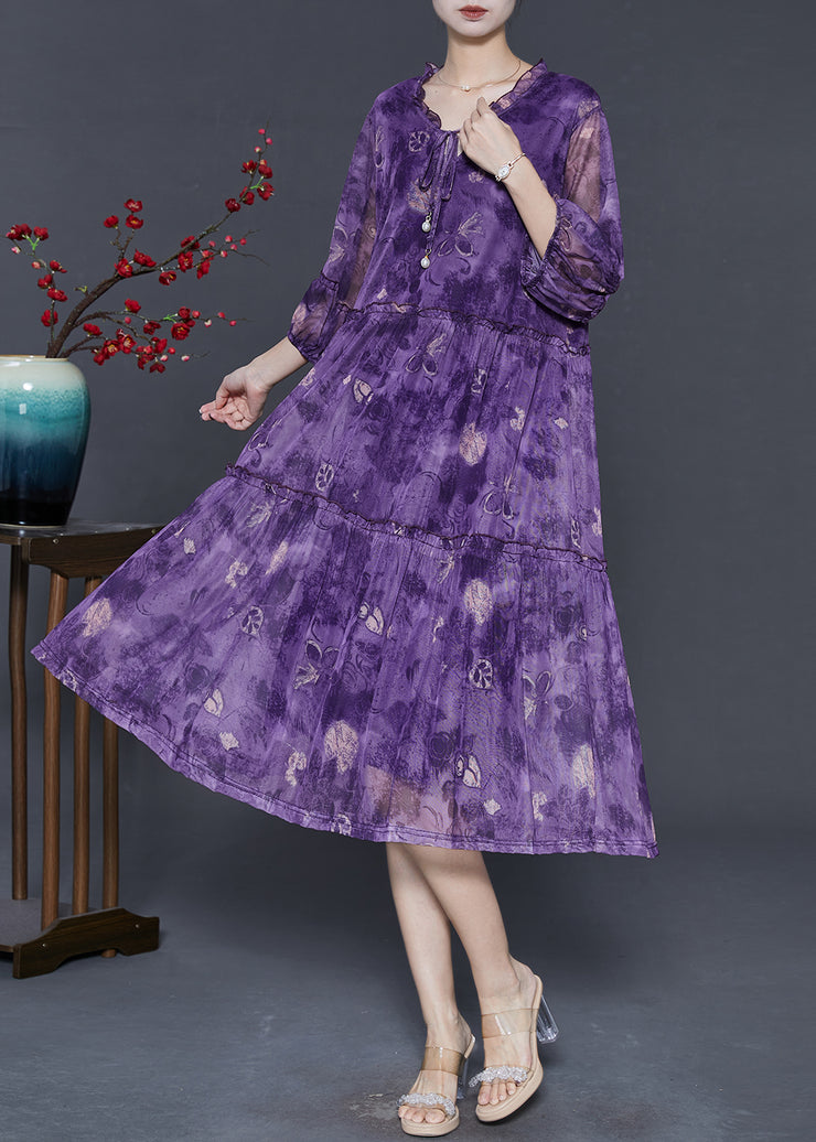 Women Purple Ruffled Print Chiffon Maxi Dress Summer