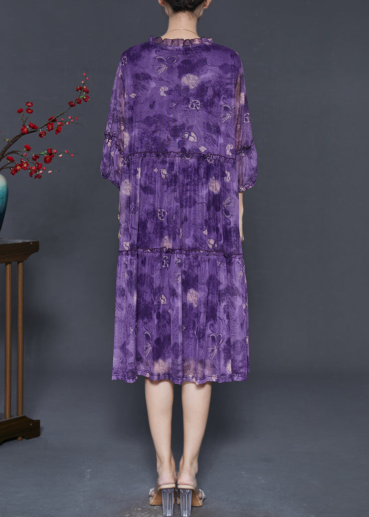 Women Purple Ruffled Print Chiffon Maxi Dress Summer