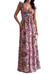 Women Purple Ruffled Print Hollow Out Chiffon Long Dress Summer
