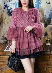 Women Purple Ruffled Tulle Floral Patchwork Mink Velvet Coats Winter