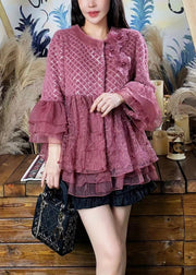 Women Purple Ruffled Tulle Floral Patchwork Mink Velvet Coats Winter