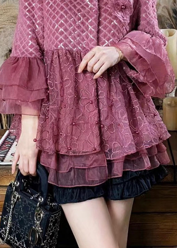 Women Purple Ruffled Tulle Floral Patchwork Mink Velvet Coats Winter